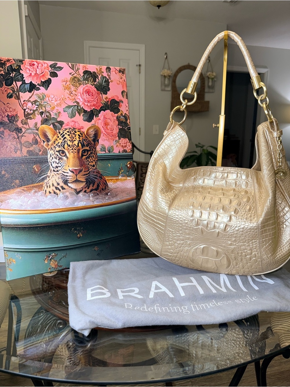 Brahmin Metallic Croc-Embossed Hobo in Champagne Gold